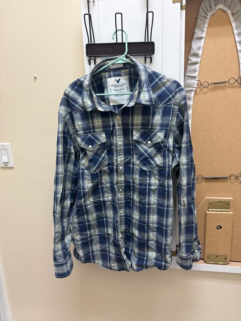 American Eagle Outfitters Vintage Fit Blue Plaid Western Pearl Snap  Size XXL